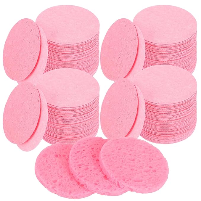 200 Count Compressed Facial Sponges for Cleansing - 100% Natural Cellulose Disposable Face Sponges for Exfoliating, Makeup & Mask Removal, Pink