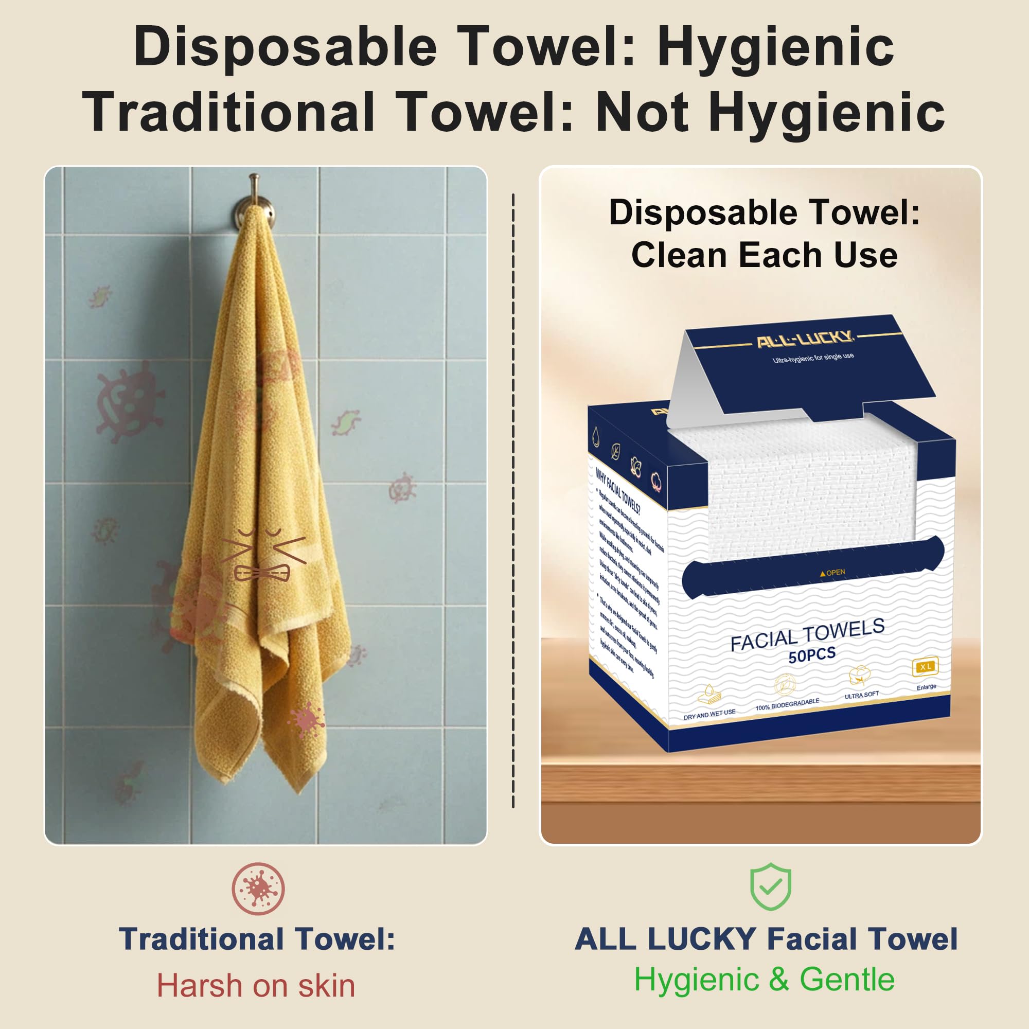 Face Towels, XL Facial Dry Towels 10x12 Inch, Biodegradable Disposable Face Wipes for Makeup Remover, Skincare & Face Cleansing, Lint-Free (50 Count)