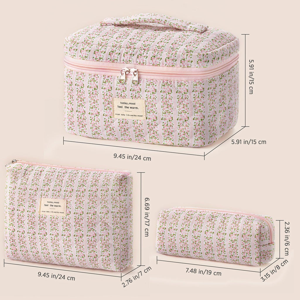HBselect Quilted Makeup Bag, 3Pcs Cotton Large Travel Makeup Bags Organizer