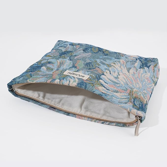 BOCGRPU 2 Pcs Aesthetic Cosmetic Bag Set, Vintage Jacquard Floral Makeup Pouches for Purse Travel, Large Capacity Tapestry Toiletry Organizer with Zipper, Gifts for Women Girls (Oil Painting Blue)