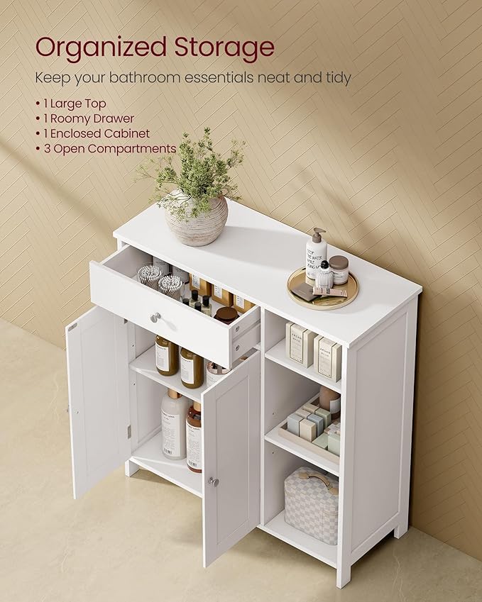VASAGLE Floor Storage Cabinet with Drawer, Freestanding Cabinet with Doors, 3 Open Compartments, Adjustable Shelves, 11.8 x 29.5 x 31.5 Inches, for Bathroom, Living Room, Cloud White UBBC142W01