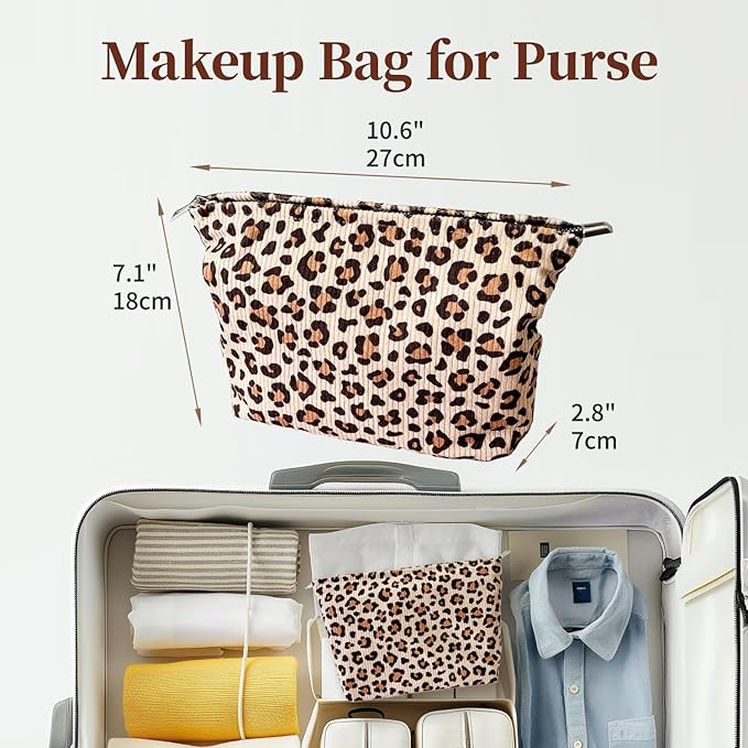 itgowisa Leopard Print Corduroy Makeup Bag, Travel Makeup Pouch for Purse