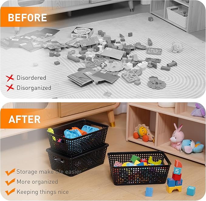 Anywish Plastic Storage Baskets With Lid, Storage Bins for Organizing, Stackable Decorative Containers for Shelves Drawers Desktop Closet Playroom Classroom Office, 8 Pack-Black
