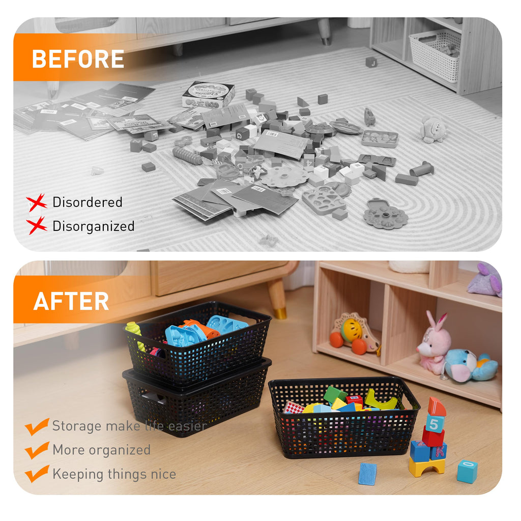 Anywish Plastic Storage Baskets With Lid, Storage Bins for Organizing, Stackable Decorative Containers for Shelves Drawers Desktop Closet Playroom Classroom Office, 8 Pack-Black