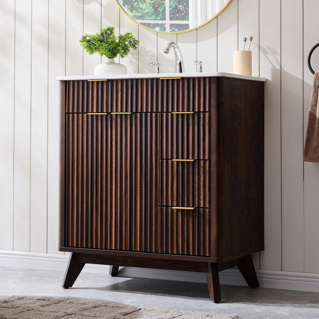 T4TREAM 30" Fluted Bathroom Vanity with Ceramic Sink Combo, Dark Walnut