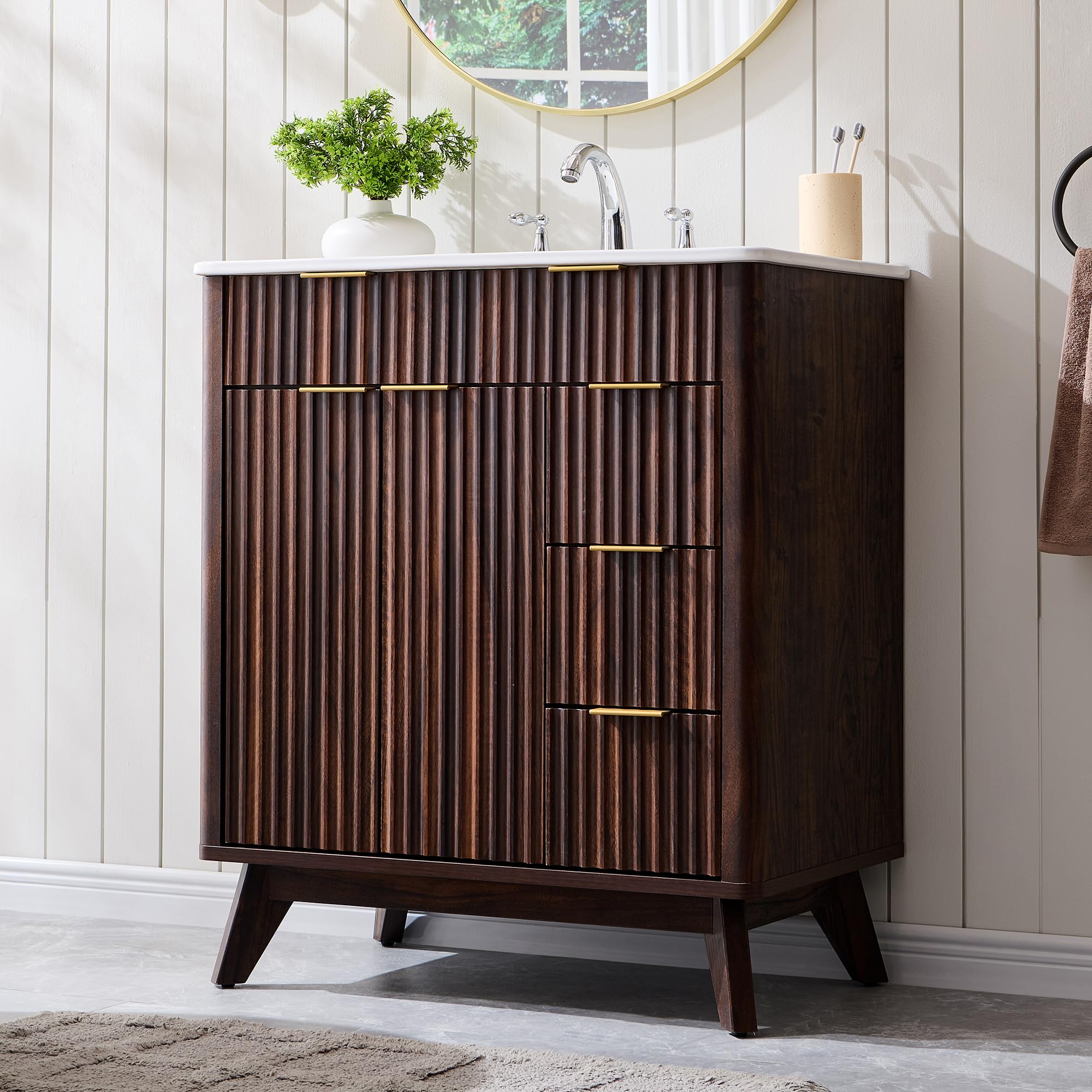 T4TREAM 30" Fluted Bathroom Vanity with Ceramic Sink Combo, Dark Walnut