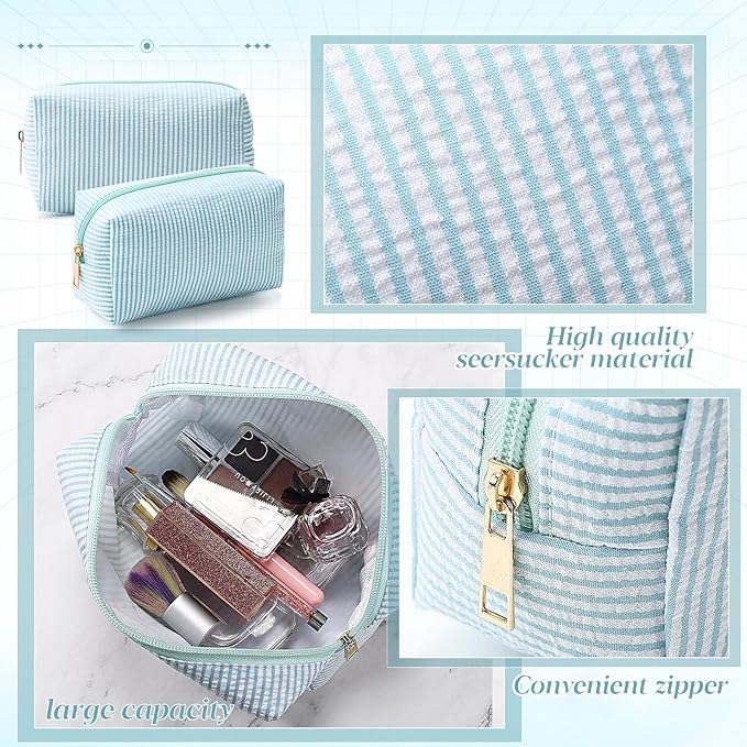 Sanwuta 6 Pcs Seersucker Cosmetic Bags Bulk Seersucker Makeup Bags Stripe Women Pouch Large Preppy Storage Pouch Toiletry Travel for Wedding Bridesmaid Bride Favor Back to Teacher Gift (Lake Blue)