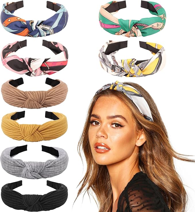 DRESHOW 8 Pack Boho Fashion Turban Headbands for Women Girls, Knotted Headbands, Ribbed Knitted Fabric, Printed Vintage Plastic Hair Bands, Hair Accessories