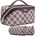 BOYATU Travel Makeup Bag for Women: Large Cosmetic Bag Set of 3 - PU Leather Make up Bag with Compartments - Compact Waterproof Toiletry Bag with Divider & Handle (D-3-Brown)