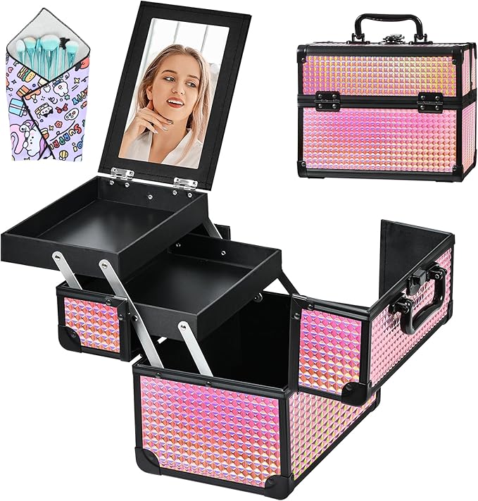 GALHUBIS Makeup Case Organizer,Makeup Train Case, Trays Cosmetic Box Portable, Profesional for Salon Barber,Black Bright Pink