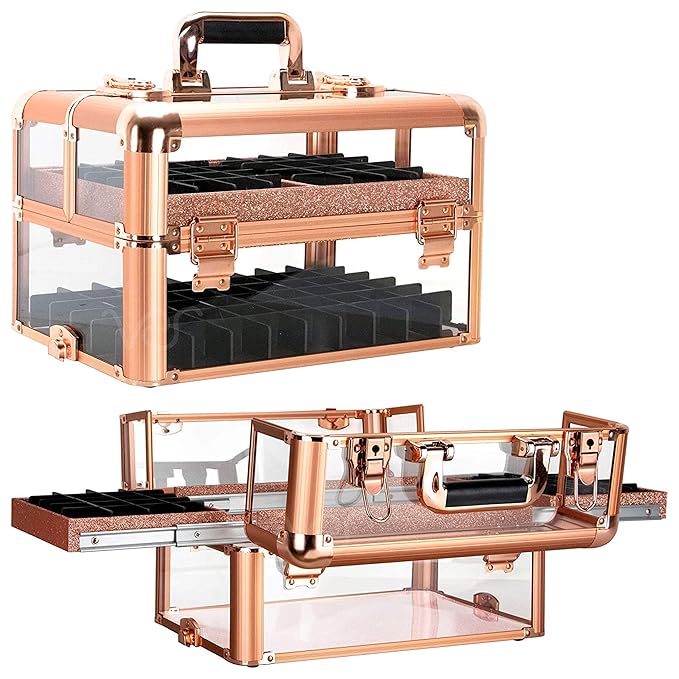 Professional Makeup & Nail Tech Organizer – Clear Acrylic Case, Holds 94 Bottles, Slide-Out Trays, Lockable Latches – Portable Storage for Brushes, Polish, Tools & Cosmetics – Compact & Travel-Ready