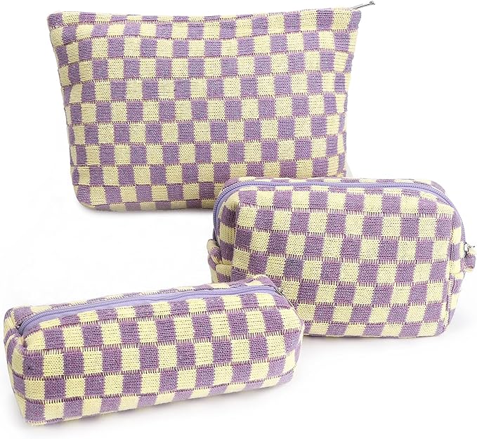 Gocvo 3 Pcs Makeup Bag Checkered Cosmetic Bag Large Capacity Traveling Toiletry Pounch Organizer Cute Makeup Brushes Aesthetic Accessories Storage Bag for Girls Women (Purple-White)