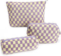 Gocvo 3 Pcs Makeup Bag Checkered Cosmetic Bag Large Capacity Traveling Toiletry Pounch Organizer Cute Makeup Brushes Aesthetic Accessories Storage Bag for Girls Women (Purple-White)