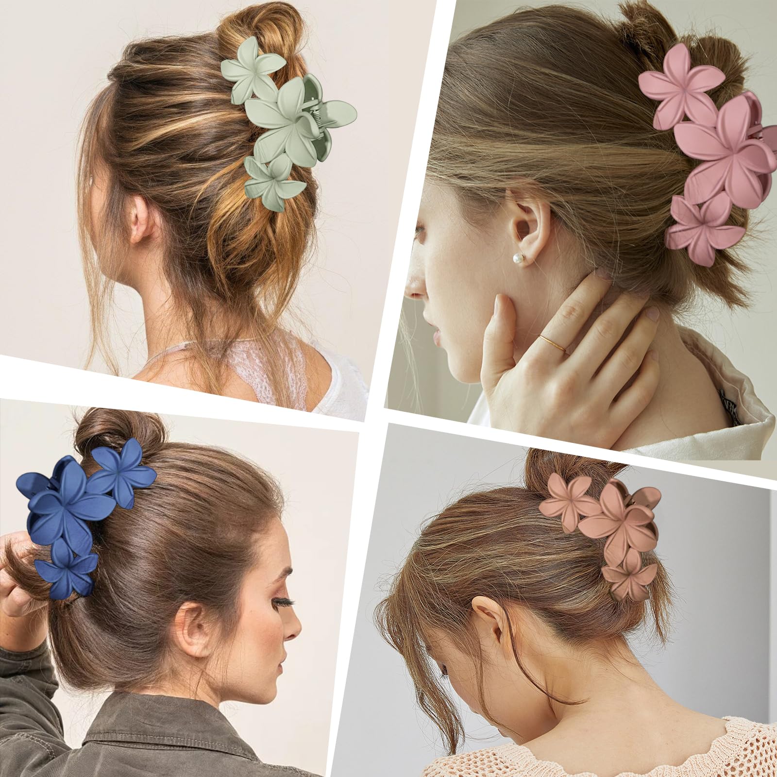 4PCS Plumeria Hawaiian Flower Claw Clips - Large Strong Hold Beach Hair Accessories for Thick Hair (Colorful)