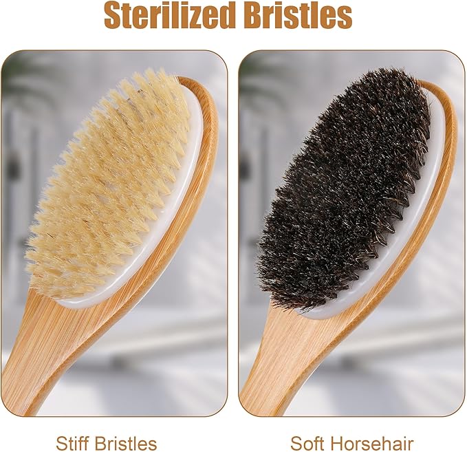 OWIIZI Bath Brush Bamboo Curved Long Handle Antiskid Body Brush for Exfoliating, Natural Bristles Shower Scrubber for Back Use Wet or Dry,Back Scrub Deep Cleanse-17.9inches