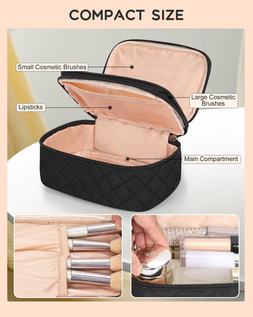 Relavel Small Makeup Bag, Travel Cosmetic Bag with Makeup Brush Compartment, Cute Make Up Pouch for Women, Double Layer Toiletry Organizer for Short Trip, Office - Black