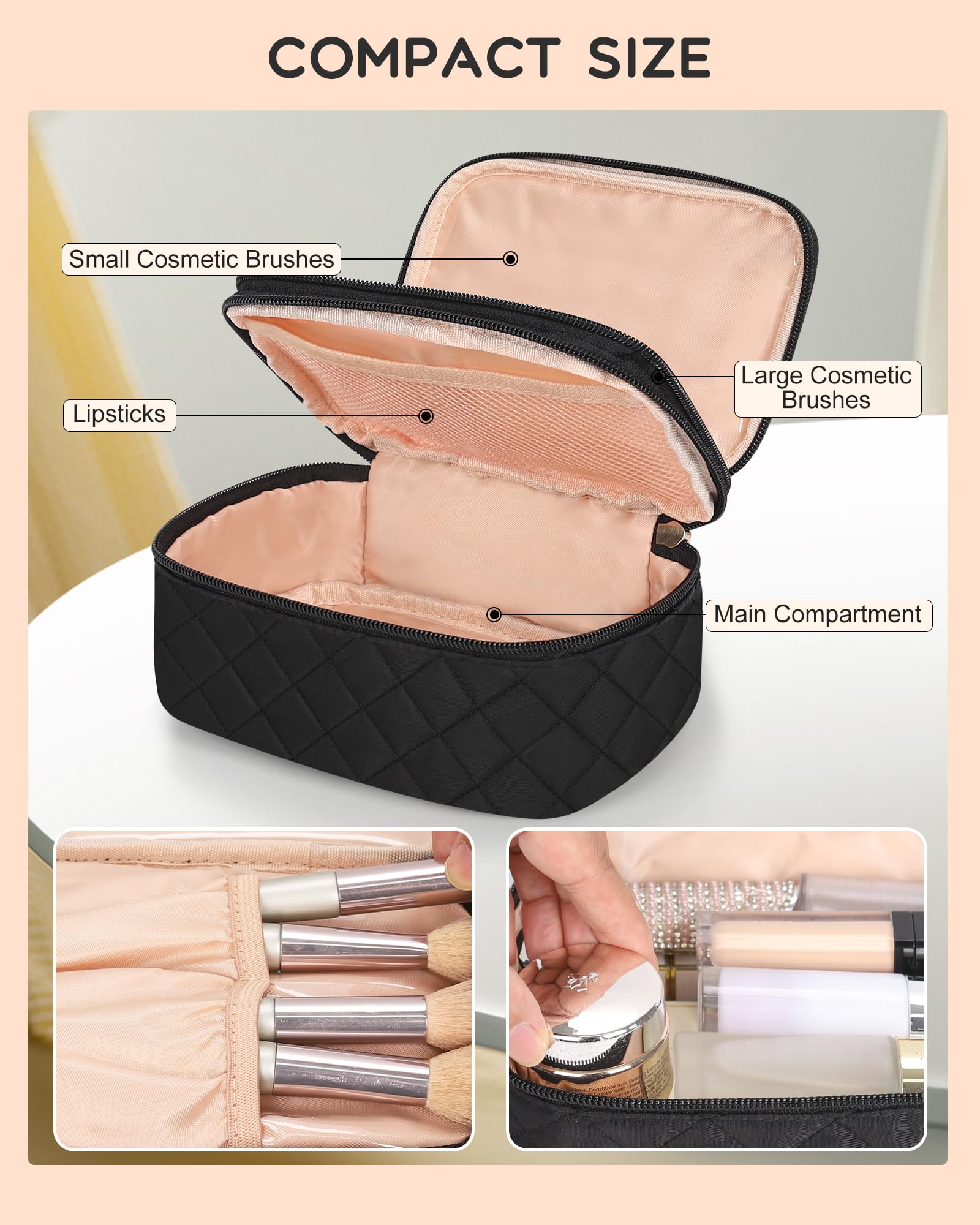 Relavel Small Makeup Bag, Travel Cosmetic Bag with Makeup Brush Compartment, Cute Make Up Pouch for Women, Double Layer Toiletry Organizer for Short Trip, Office - Black
