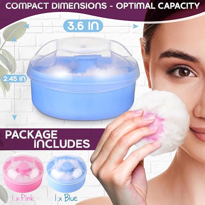 2Pcs Talcum Powder Puff and Container Brush with Holder – Dusting Powder Puff for Women Set, 3.6x2.45 Pink and Blue, Easy to Clean & Store, Gentle and Safe, Good for Travel and Quick Makeup