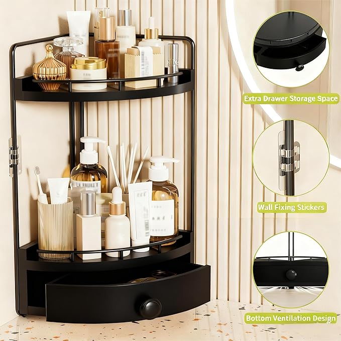 Aollewoiti 2-Tier Corner Bathroom Counter Organizer with Drawer, Black
