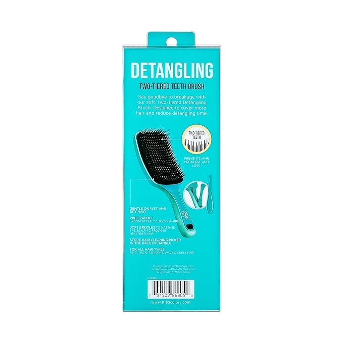 KISS Colors & Care Detangling Two-Tiered Teeth Brush - Reduces Hair Breakage, Double Bristles, Suitable For Wet or Dry Hair, Smooth & Sleek Results, Wide Paddle, Gently Massages the Scalp