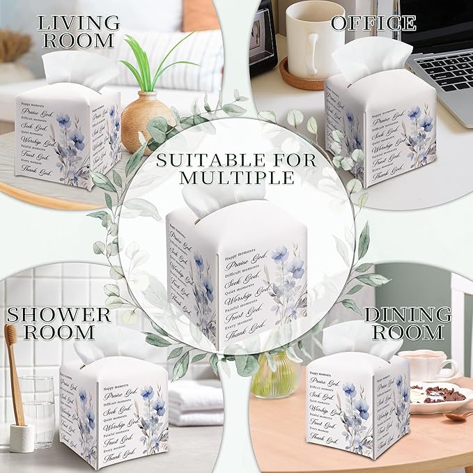 Bible Verses Christian Tissue Box Cover Square, Happy Moment Praise God Waterproof Leather Tissue Box Holder, Blue Flower Paper Facial Tissue Box Covers Cube for Office Home Prayer Room Decor