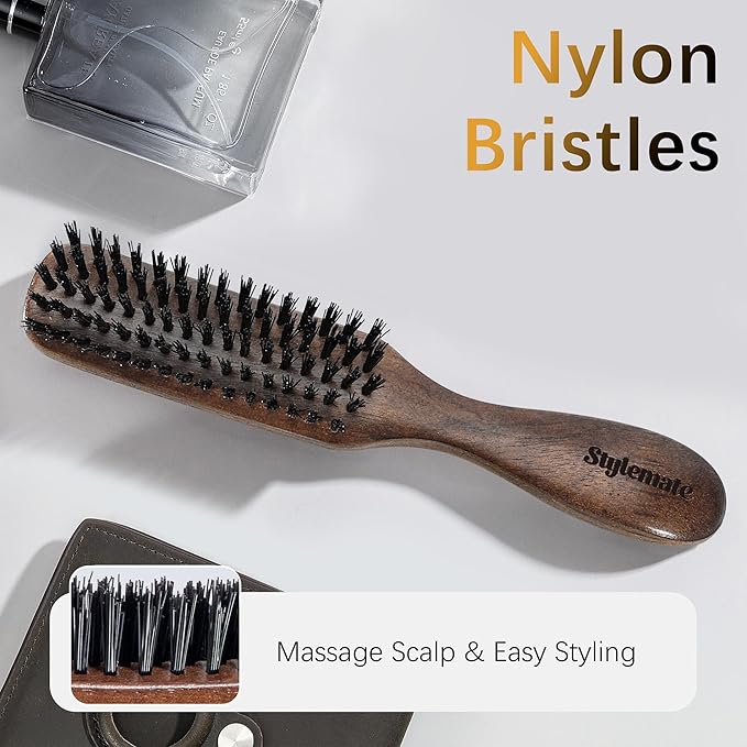 STYLEMATE Hair Brush for Men, Mens Nylon Stiff Bristles Hard Firm Hair Brush for Thick Hair, Slick Back Natural Black Walnut Wooden Handle for Smoothing, Detangling, Styling