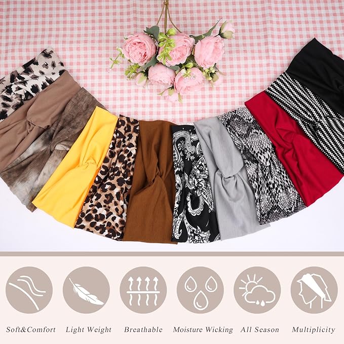 XTREND 12 Pcs Women's Headbands Twisted Cross Elastic Head bands Yoga Workout Non-Slip Sweat Soft Headband Solid Color Simple Versatile Hair Accessory Scarf