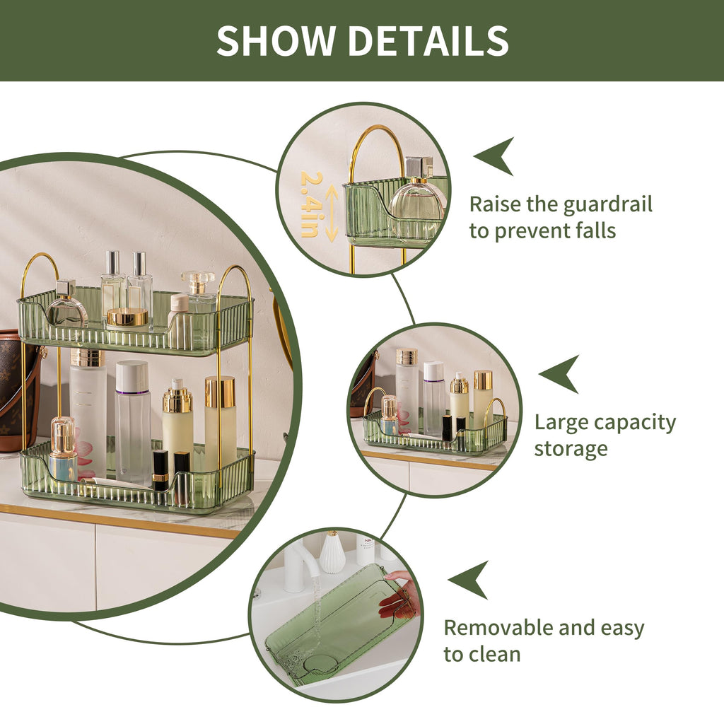 YCIA&DONE Bathroom Organizer Countertop, Makeup Storage, Skincare Cosmetic Tray Shelf, Perfume Holder Rack for Vanity Counter, Large Capacity, Easy to Install, Clean, 2 Tiers, Vintage Green