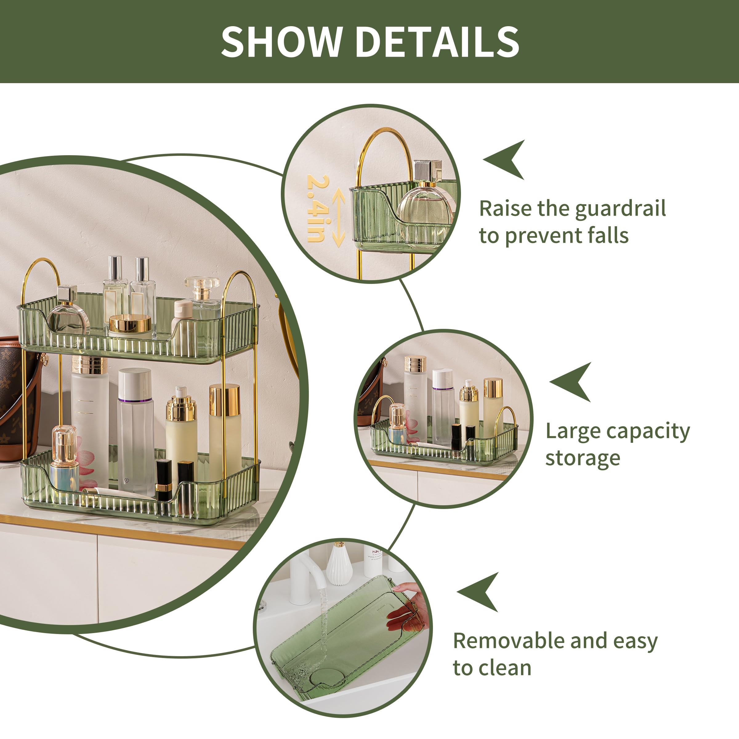 YCIA&DONE Bathroom Organizer Countertop, Makeup Storage, Skincare Cosmetic Tray Shelf, Perfume Holder Rack for Vanity Counter, Large Capacity, Easy to Install, Clean, 2 Tiers, Vintage Green