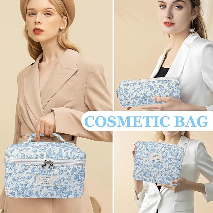 Gosect 3pc Makeup Bag Set, Quilted Makeup Bag Set, Large Floral Cosmetic Bag for Women, Cute Cotton Makeup Bags, Flower Travel Toiletry Organizer Bag (Large Flower)