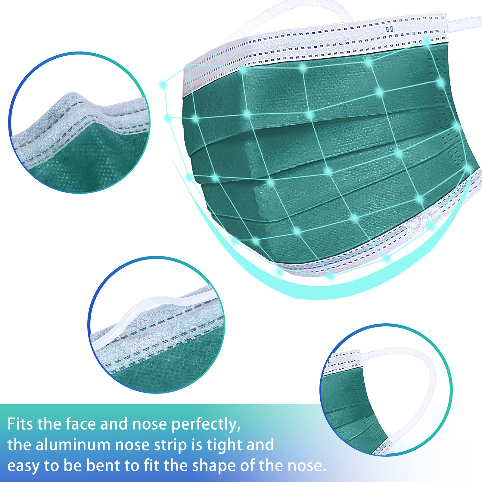 4 Ply Disposable Face Mask Protective(50PCS), Elastic Earloops, Single Use- Green