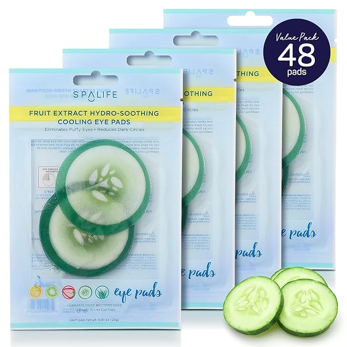 SpaLife Cooling Cucumber Eye Pads | Spa Gifts & Korean Dark Circles & Puffy Eyes Treatment | Nourishing Cucumber Eye Pads | Eye Mask for Puffy Eyes Daily Depuffing Eye Patches | 4 Packs of 12