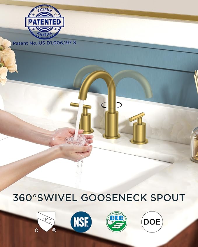 FORIOUS Brushed Gold Bathroom Faucet 3 Hole, 2 Handle 8 Inch Widespread Gold Sink Faucet Bathroom Vanity with 360 Degree Swivel Spout, with Pop Up Drain and cUPC Supply Line, for 6 to 12 in Sink