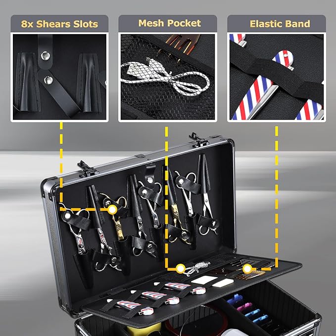 Yueieoun Professional Barber Case - Portable Barber Tool Case Hair Clipper Organizer with Combo Locks, Detachable Trays for Clippers, Shears, Razors, Trimmers - Secure Storage for Barbershop or Travel