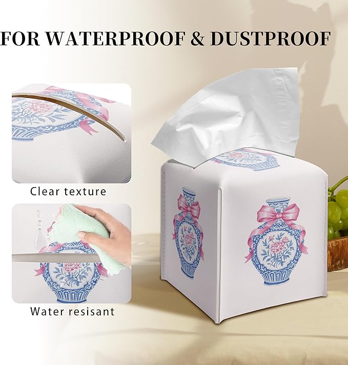 Grace Yonks Cute Tissue Box Cover Square - Blue Floral Vase & Pink Ribbon Design 5.2" PU Leather Holder for Vanity, Desk, or Bathroom Counter - Cube Case for Facial Tissues(005)