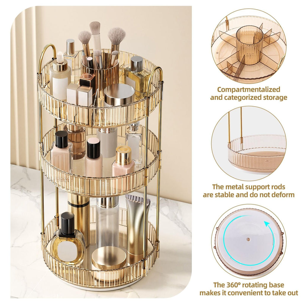 360° Rotating Makeup Organizer, Large-Capacity Skincare Make Up Storage 3 Tier Perfume Organizers Cosmetic Dresser Organizer with Makeup Brush Holder, Fits Bedroom, Bathroom, Vanity Shelf Countertop