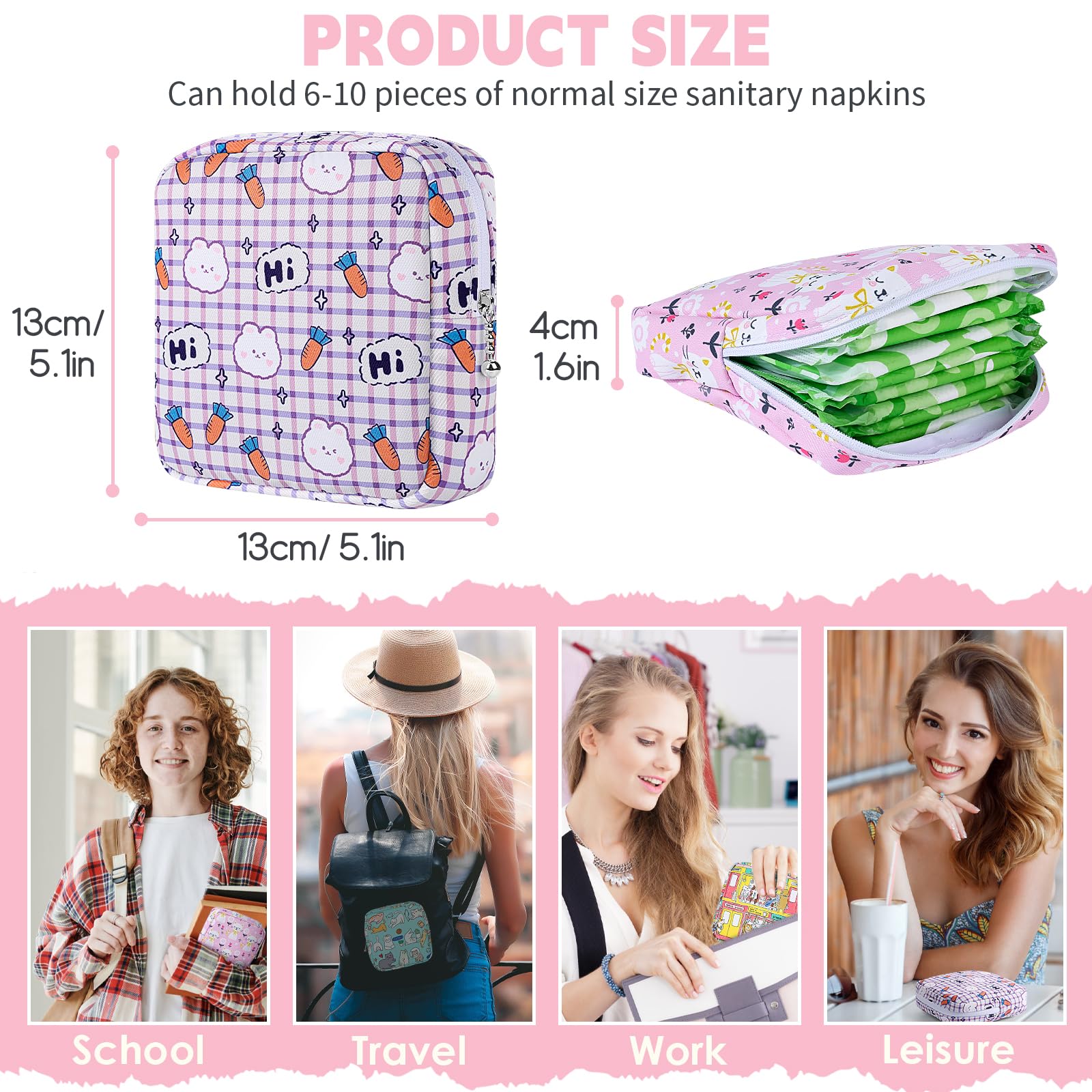 Desing Wish Sanitary Pad Storage Bag Portable Period Bag for Teen Pads/Sanitary Napkins/Small Tampons, Sanitary Napkin Storage Bag First Period Gifts for Teen Girls (Pink-White Checker)