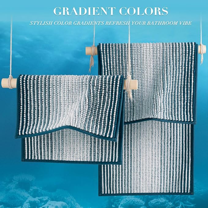 BSICPRO Bathroom Rugs Sets, 2 Piece Thick Absorbent Chenille, Non Slip, Soft Shaggy Bath Room Floor Mats, Machine Washable (20" x 47" Plus 16" x 24", Teal)