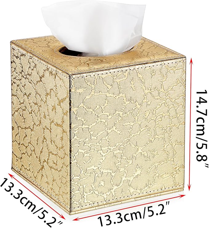 Sumnacon Square Leather Tissue Box Cover - Stylish Cube Tissue Box Holder with Magnetic Bottom, Decorative PU Tissue Box for Vanity Dresser Night Stand Table Countertop Home Office Car, Gold