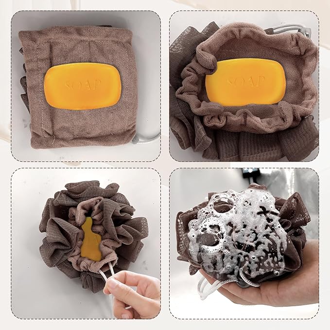 3 Pcs Soap Bar Loofah, 2 in 1 Bar Soap Loofah Pouch Can Hold Soap Effective Exfoliation for Bathing (Green+ Coffee Brown+ Purple)