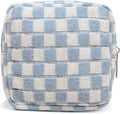 Small Blue Makeup Bag for Purse, Mini Checkered Cosmetic Bag Zipper Cute Make Up Pouch Travel Toiletry Case Quilted Aesthetic Accessories Makeup Storage Bag Organizer for Women