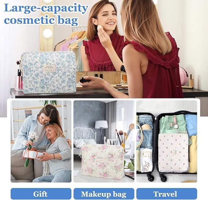 Gosect Floral Makeup Bag, Small Cosmetic Bag for Women Girls, Cute Cotton Makeup Bag, Quilted Makeup Bags, Flower Travel Toiletry Organizer Bag(Yellow Flowers)