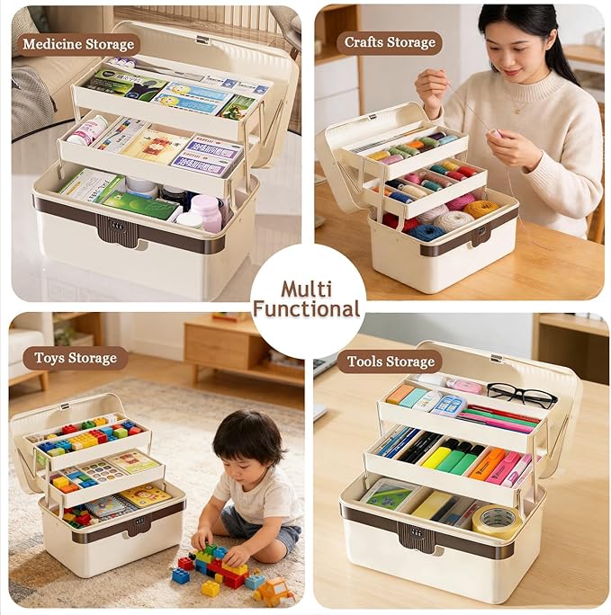 3-Layer Plastic Tackle Lock Box Organizers Storage, Portable Folding Sewing Box with Handle Dividers, Multipurpose Case for Sewing, Art Supplies, Medicine Lock Boxes, Tools Lock Organizer