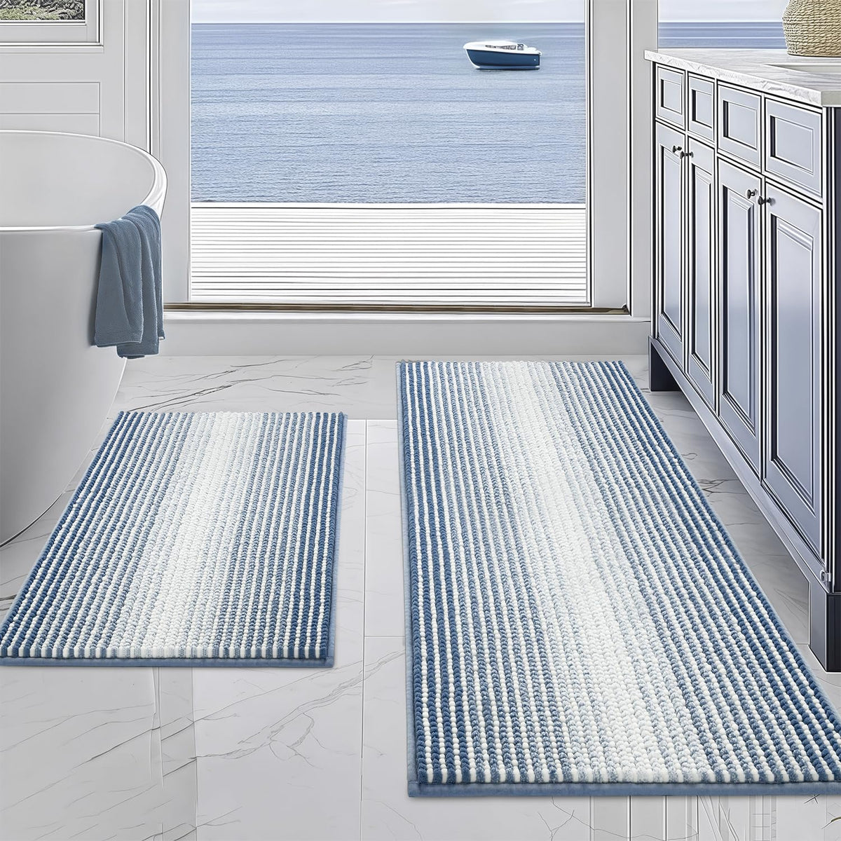 BSICPRO Bathroom Rugs Sets 2 Piece, Non Slip Striped Bath Mats, Teal