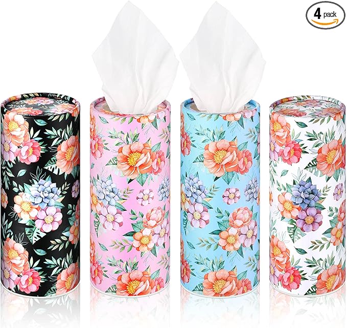 Tanlade 4 Pack Car Tissue Holder Tissues Cylinder Facial Tissue Floral Cylinder Travel Tubes for Car Cup Holder Spring Summer Home Bathroom Office Decor Christmas Ideal Gift for Women