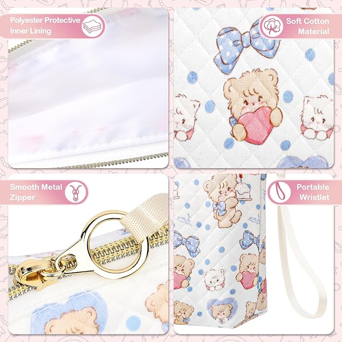Playexen Period Bag for Teen Girls, Quilted Sanitary Napkin Storage Bag, Cute Bears Menstrual Pad Pouch Tampon Holder (Large-Blue)