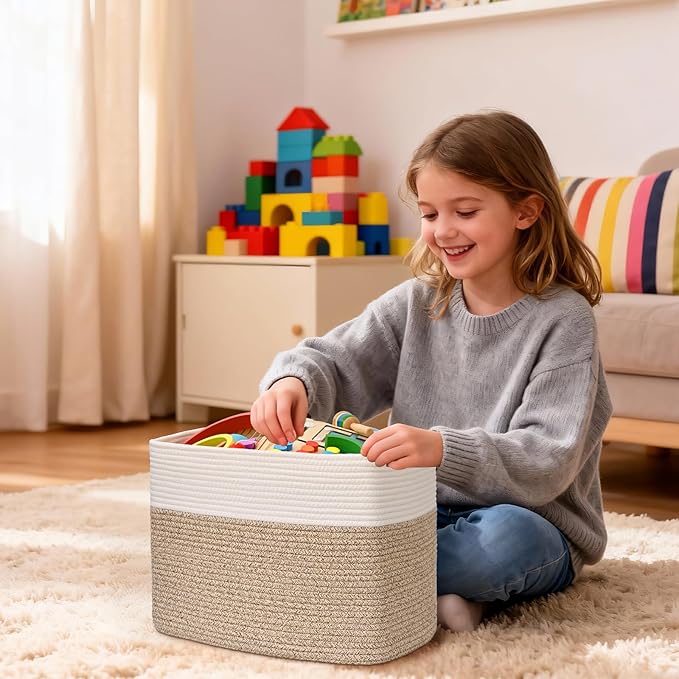 3 Pack Cube Storage Bin, 17”x12”x12” Cotton Rope Woven Baskets for Organizing Toys Clothes Towels, Square Gift Storage Baskets for Shelf, Nursery, Closet, Bathroom, Pantry (White & Jute)