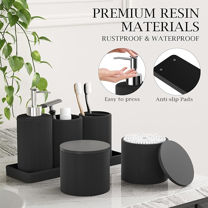 InnJoey 6-Piece Black Bathroom Set - Mesh Textured Resin Bathroom Accessories Set with Soap Dispenser, Toothbrush Holder, Cup, Vanity Tray & Apothecary Jars for Small Spaces