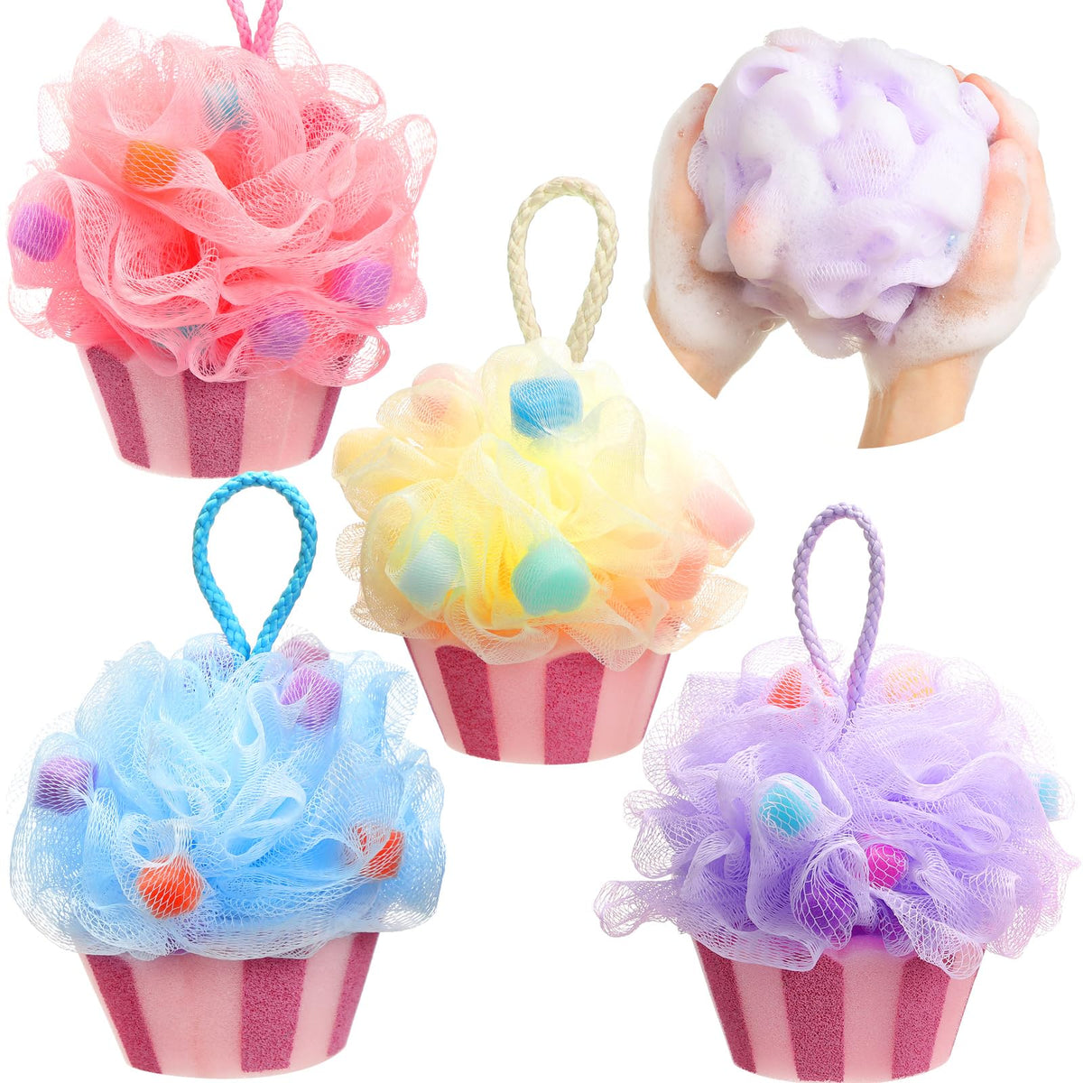 Reallnaive 4 Pcs Ice Cream Bath Loofah Cartoon Birthday Loofah Sponges