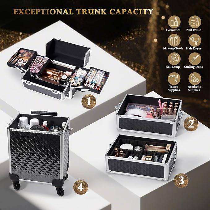Stagiant Rolling Makeup Case Cosmetology Case on Wheels 4 in 1 Large Cosmetic Organizer Train Case Makeup Travel Case with Key Swivel Wheels Nail Artist Salon Storage Traveling Cart Trunk Black